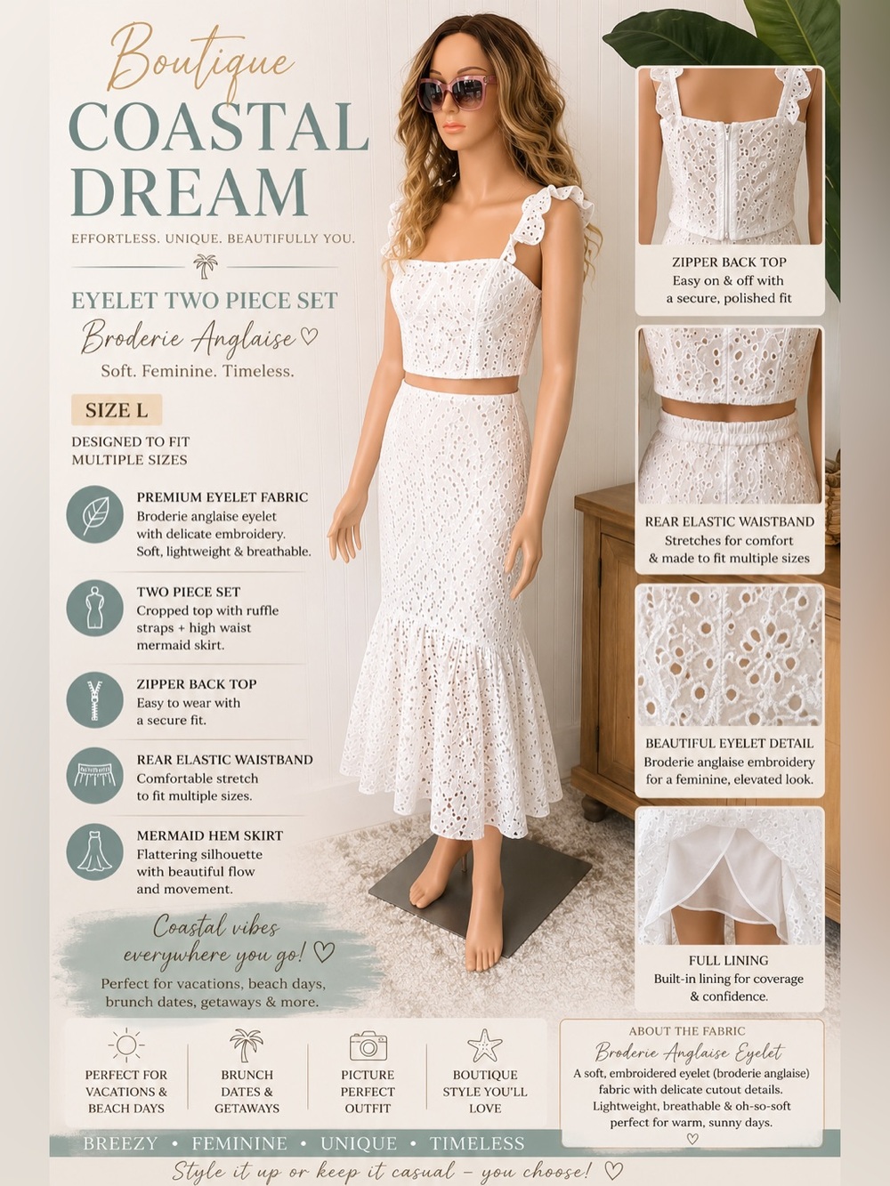 Coastal Dream White Eyelet Two-Piece Skirt Set